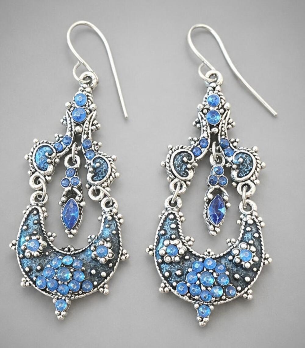 Rhinestone Pierced Dangle Earrings, Blue 2" Long‎ Silver-tone bp-63